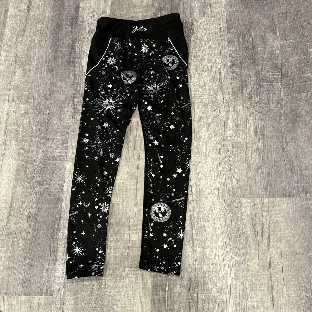 Justice Celestial Galaxy Girls Leggings Size 12 Black‎ Silver Star Moon Athletic